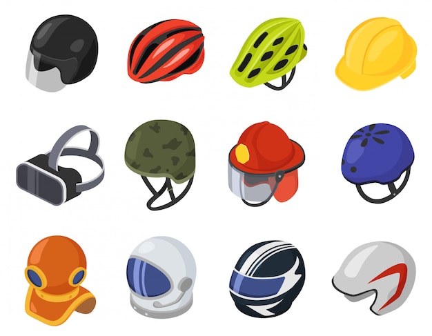 Isometric helmet  illustration, cartoon 3d safety hard hat, head protection, VR helmet icon set isolated on white