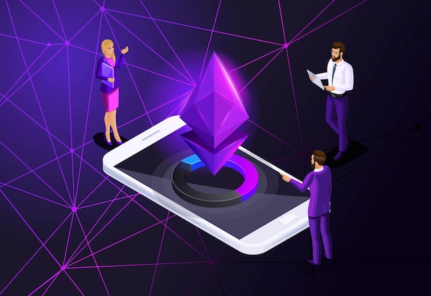 Vector isometric holographic geometric icon blockchain cryptocurrency network