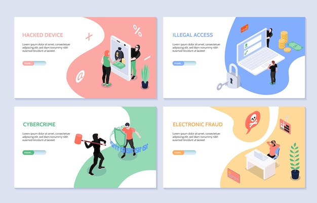 Isometric horizontal set of four cyber security  and hacker attacks  landing page template