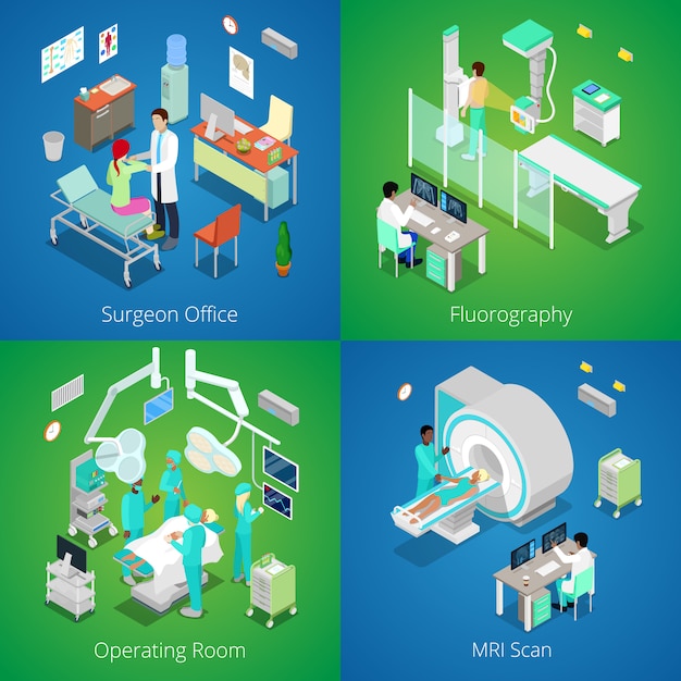 Isometric Hospital Interior. Medical MRI Scan, Operating Room with Doctors, Fluorography Process, Surgeon Office.   3d flat illustration