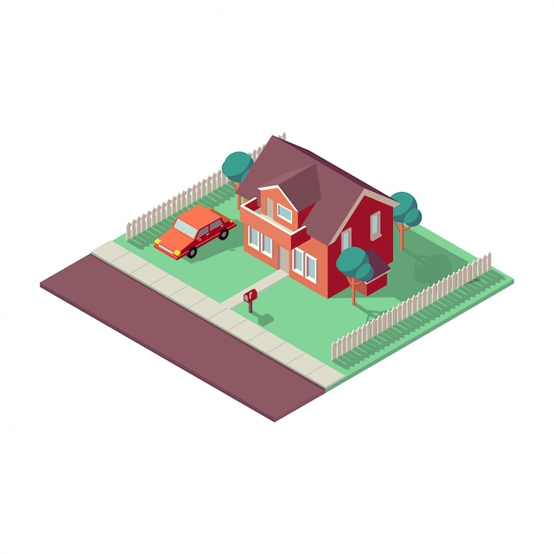 Isometric house on a white background. Home, real estate or rent concept illustration. Private house in isometric perspective. Low poly colorful buildings.