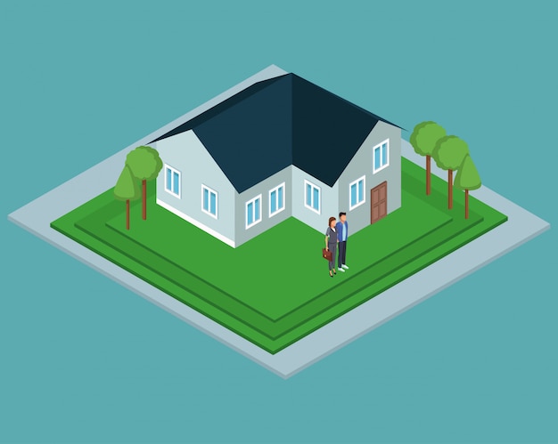 Isometric house with people 