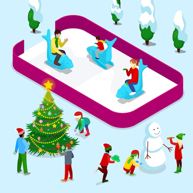 Isometric Ice Rink with People and Christmas Children near Christmas Tree and Snowman.    illustration