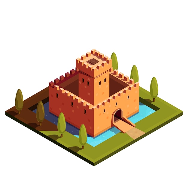 Vector isometric icon of old castle in moat in park vector illustration