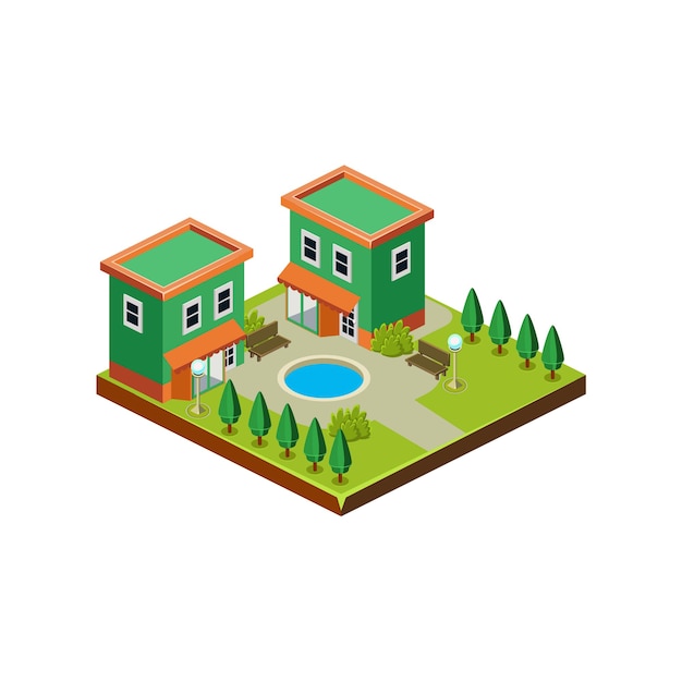 Isometric icon representing modern house with backyard vector