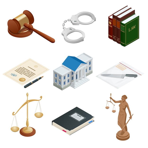 Vector isometric icons of isolated public justice symbols. lawbook, handcuff, judge gavel, scales, paper, themis. vector illustration