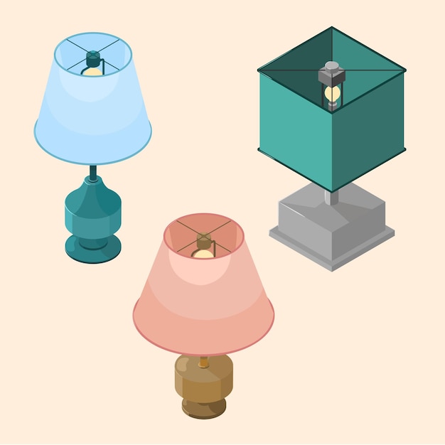 isometric illustration of 3 different types of lamps