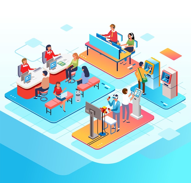 Isometric illustration of activities in a bank customers are consulting at the customer center