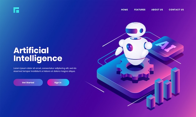 Isometric illustration of Android robot with cog wheel and bar graph for Artificial Intelligence concept.