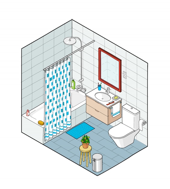 Isometric illustration of bathroom. Hand drawn interior view.