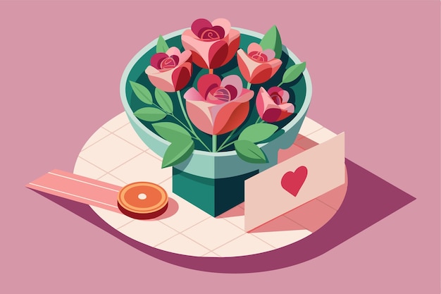 Isometric illustration of a bouquet of red roses with a customizable card Valentines bouquet with a card Customizable Isometric Illustration