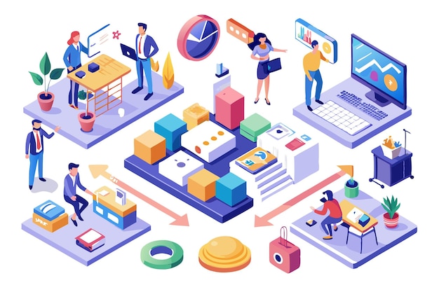 Vector isometric illustration of a business team working together on a project with various elements representing different aspects of the workflow such as data analysis communication and technology