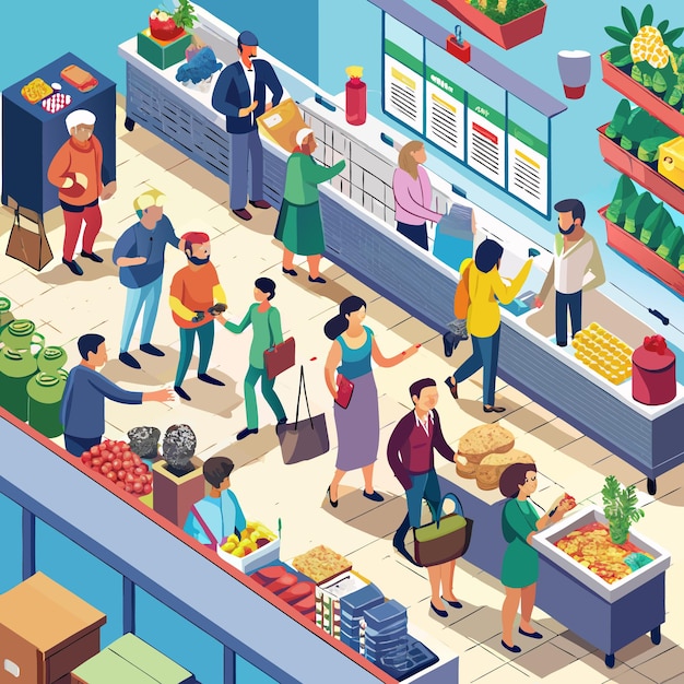 Vector an isometric illustration of a busy marketplace with people shopping for produce and other goods