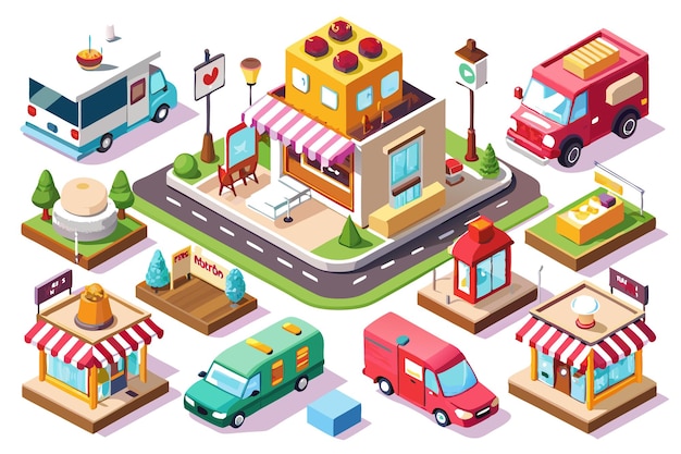 Isometric illustration of a city street with shops and cars