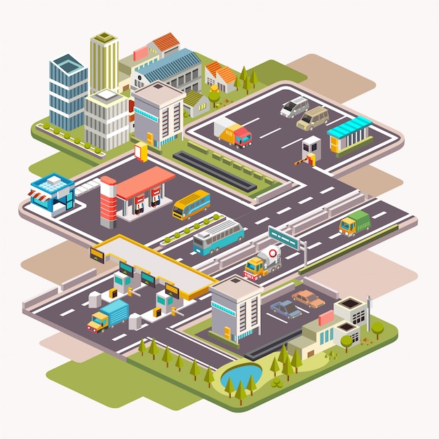 Isometric  illustration of cityscape with gas station, parking area or rest area and higway gate