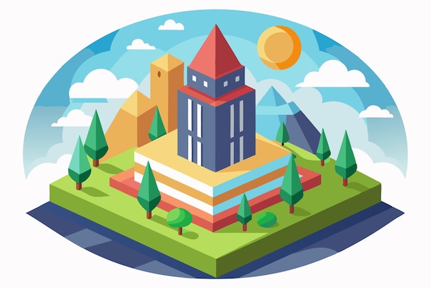 Isometric Illustration of a Cityscape with a Tall Building Trees and Mountains in a Circular Frame