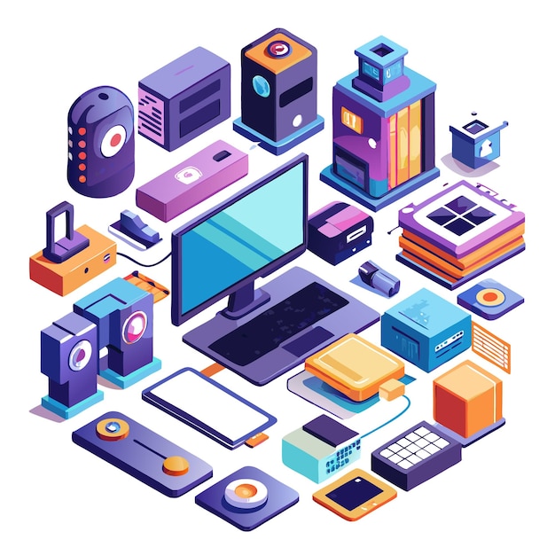 Vector isometric illustration of computer hardware components