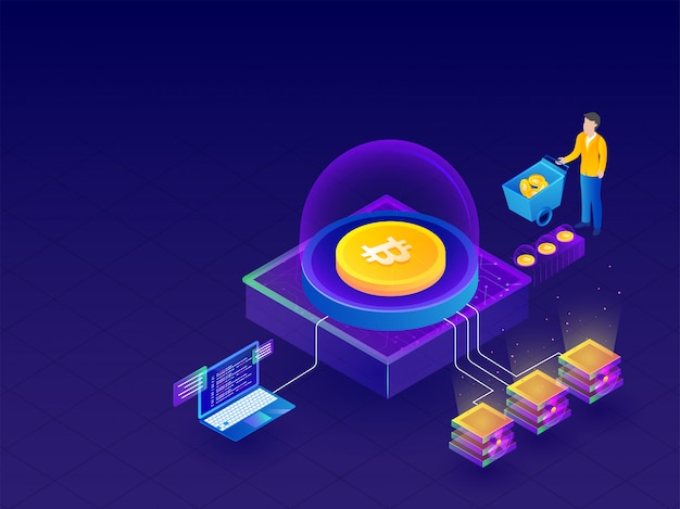 Isometric illustration of crypto mining servers connected.