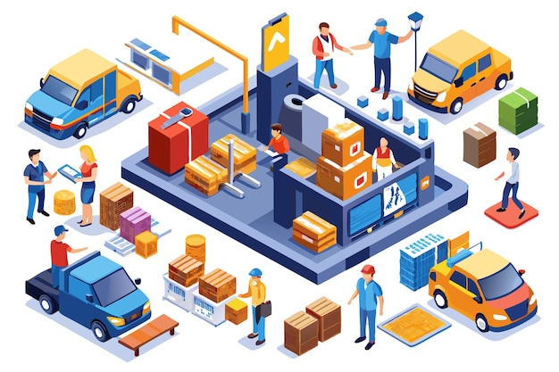 Isometric illustration of delivery service with workers and vans packages and a warehouse