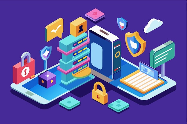 An isometric illustration depicting a mobile phone with a variety of customizable encryption features Mobile encryption Customizable Isometric Illustration