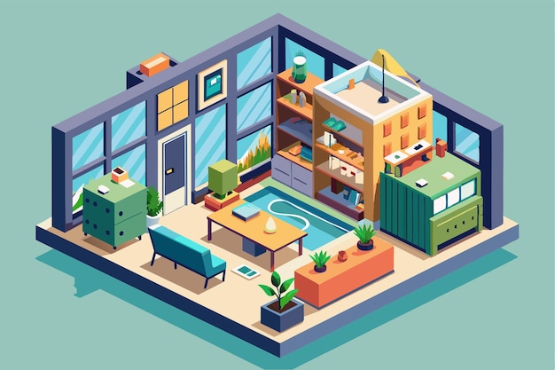 Vector isometric illustration depicting a modern apartment interior with furniture decor and windows apartment rent customizable isometric illustration