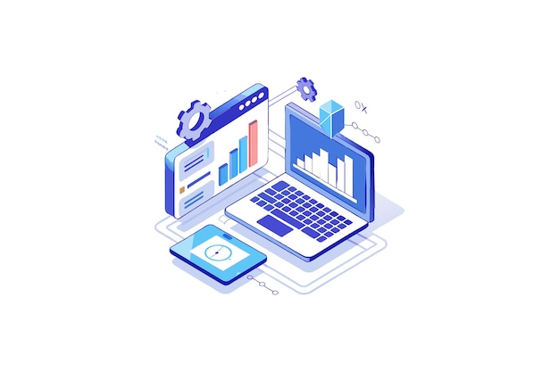 Isometric illustration of dual laptop with coding data analytics and AI symbol in a modern style