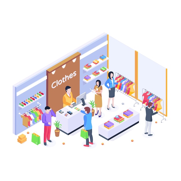 Isometric illustration of gadget shop electronic devices in a shop