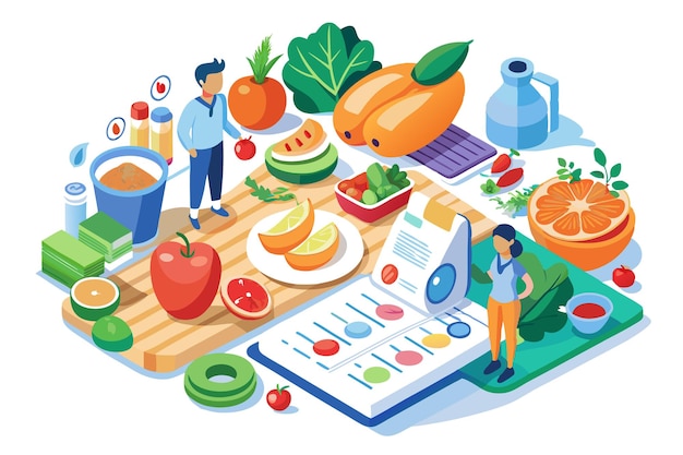 Isometric illustration of a healthy food and diet concept with a man and a woman with a book of nutrition facts