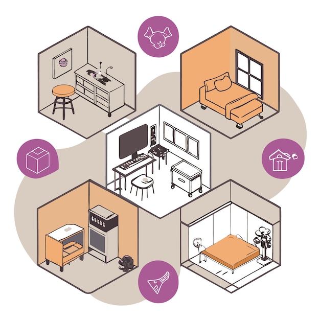 Vector isometric illustration of a home with different rooms including a bedroom kitchen living room and home office