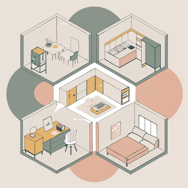 Isometric illustration of a home with four rooms kitchen bedroom dining room and office