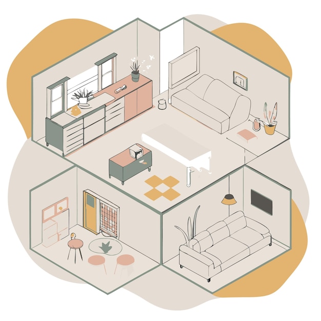 Vector isometric illustration of a house interior with living room kitchen and dining room