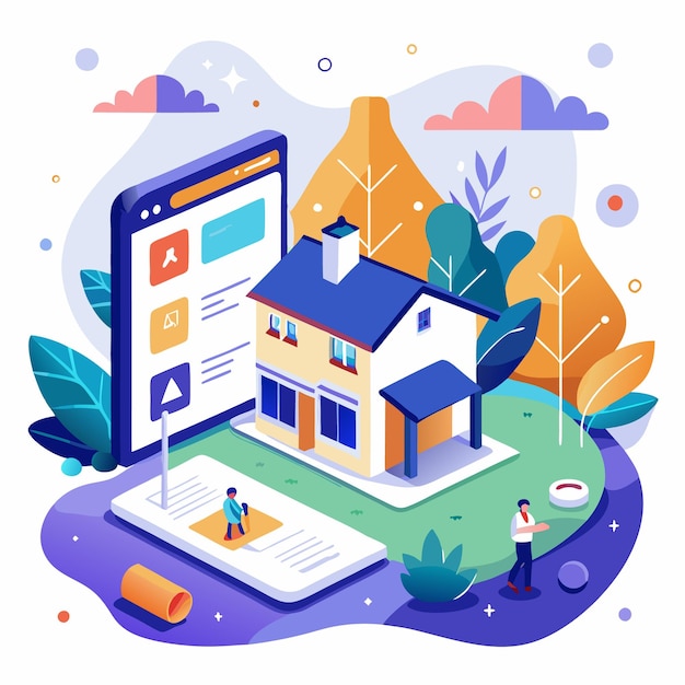 Isometric illustration of a house and a smartphone with a website on it