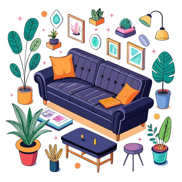 Vector isometric illustration of a living room with sofa coffee table plants and decor