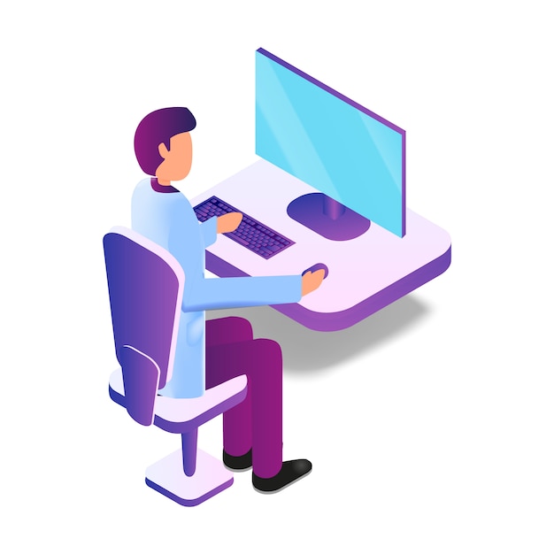 Isometric Illustration Male Doctor Using Computer