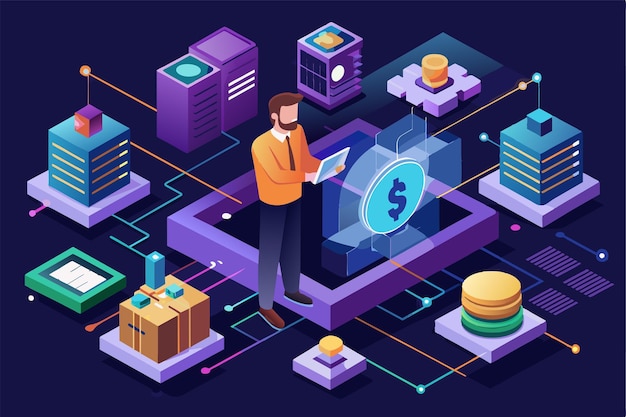 Isometric illustration of a man holding a tablet with money in the background A man mining bitcoin