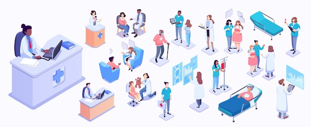 Isometric illustration of medical workers and patients Hospitals doctors patients reception