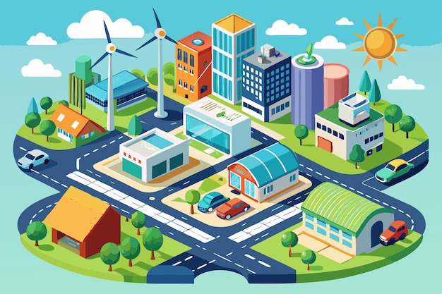 Vector isometric illustration of a modern city with buildings wind turbines cars and trees