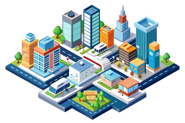 Vector isometric illustration of a modern city with skyscrapers roads trees and a subway station