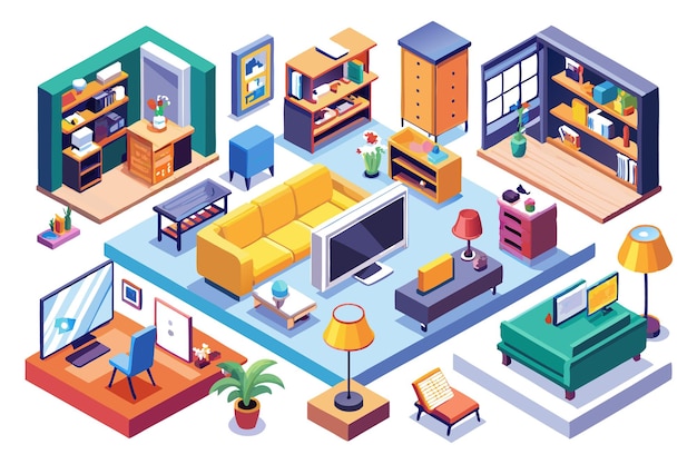 Vector isometric illustration of a modern living room interior with furniture decor and plants