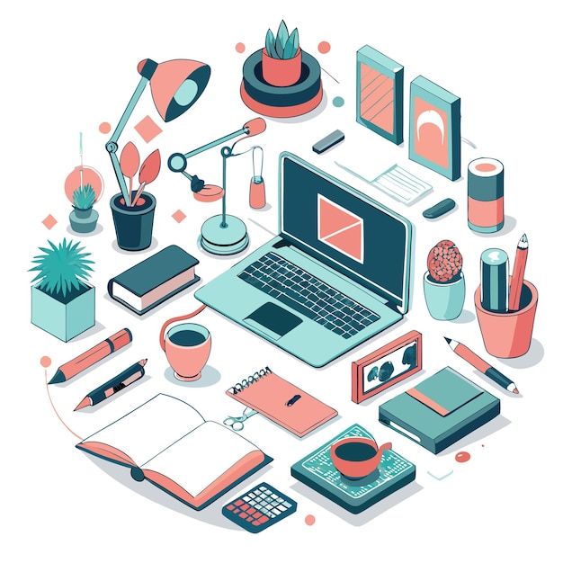 An isometric illustration of a modern office desk with a laptop books plants a lamp and other office supplies