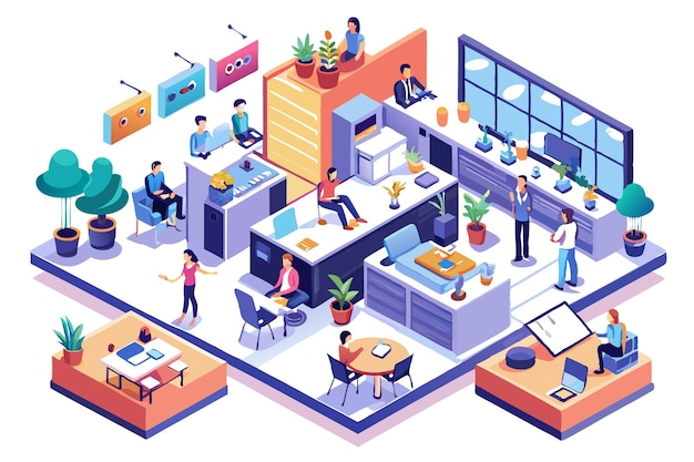 Vector an isometric illustration of a modern office space with people working and collaborating