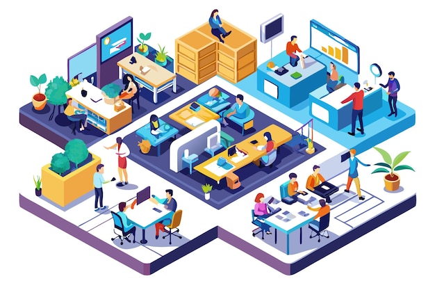 Vector isometric illustration of a modern office with people working at desks meeting and using computers