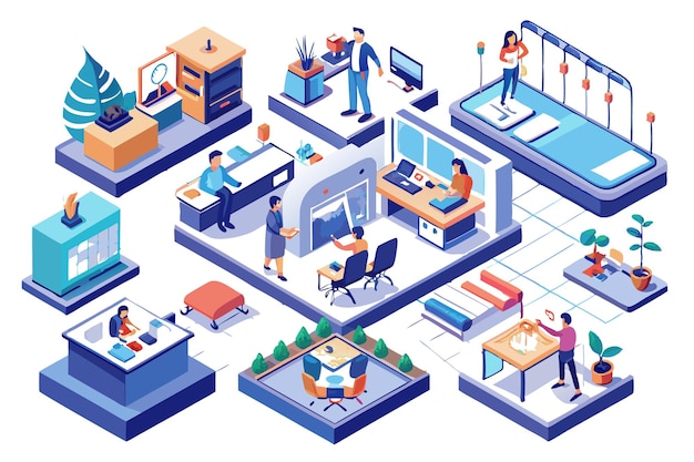 Isometric illustration of a modern office with people working in different departments