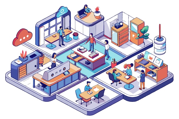 Vector isometric illustration of a modern office with people working at their desks a meeting room and a server room