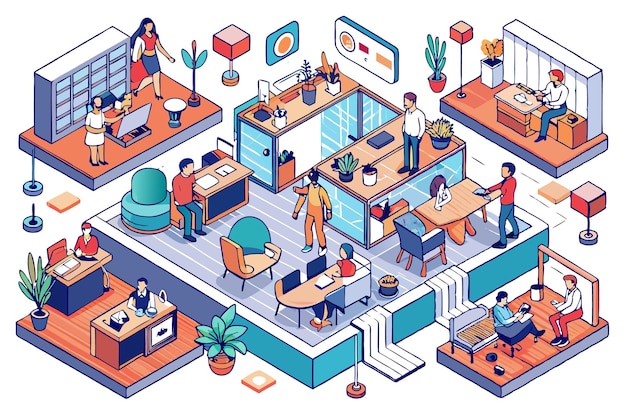 Vector isometric illustration of a modern office with people working at their desks