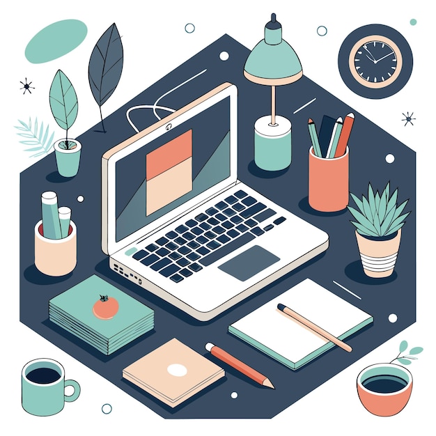 Isometric illustration of a modern workspace with a laptop desk lamp plants and coffee cups