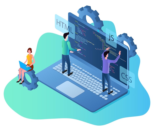 Isometric illustration of the people engaged in the creation of the website