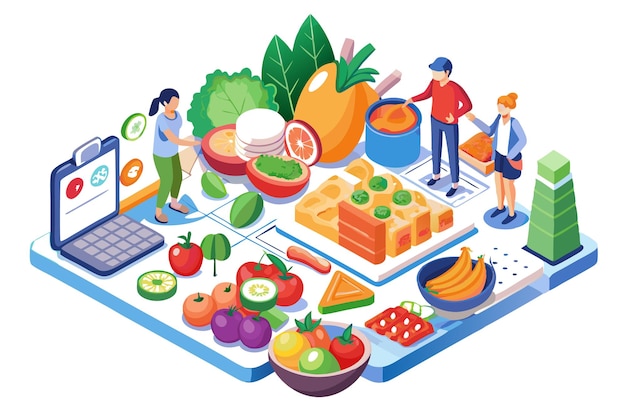 Isometric illustration of people interacting with fresh fruits and vegetables and a laptop tablet and mobile phone