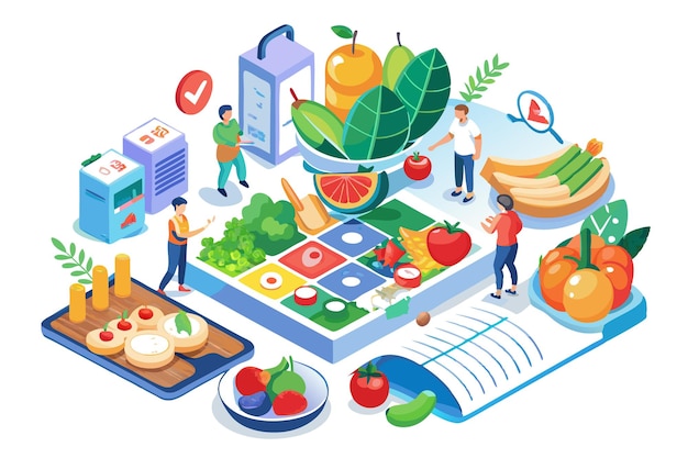 Vector isometric illustration of people planning a healthy meal plan