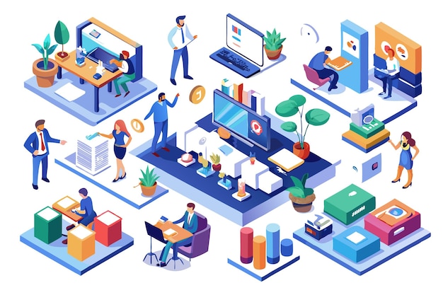 Isometric illustration of people working in an office with various office supplies furniture and plants